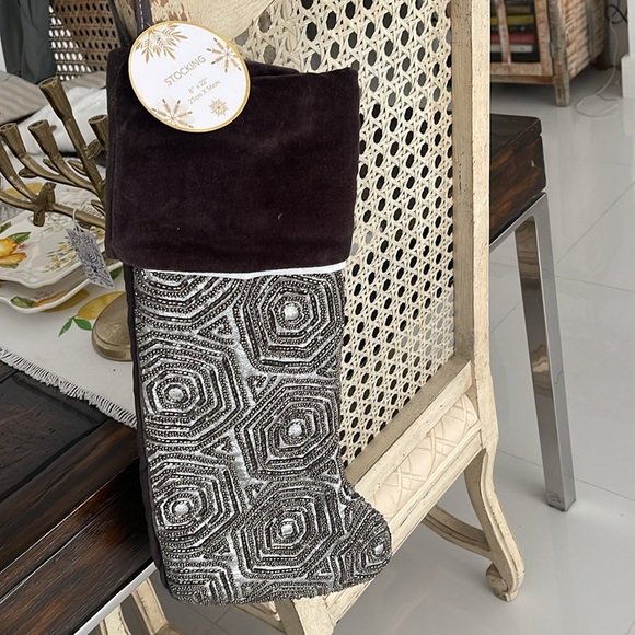 Peace & Joy Brown "Velvet" & Beaded Copper & Silver Christmas Stocking - Picture 3 of 6